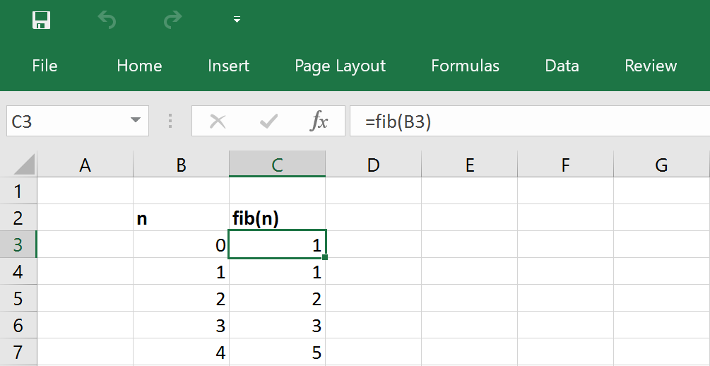 Fibonacci function in Excel implemented in Python.