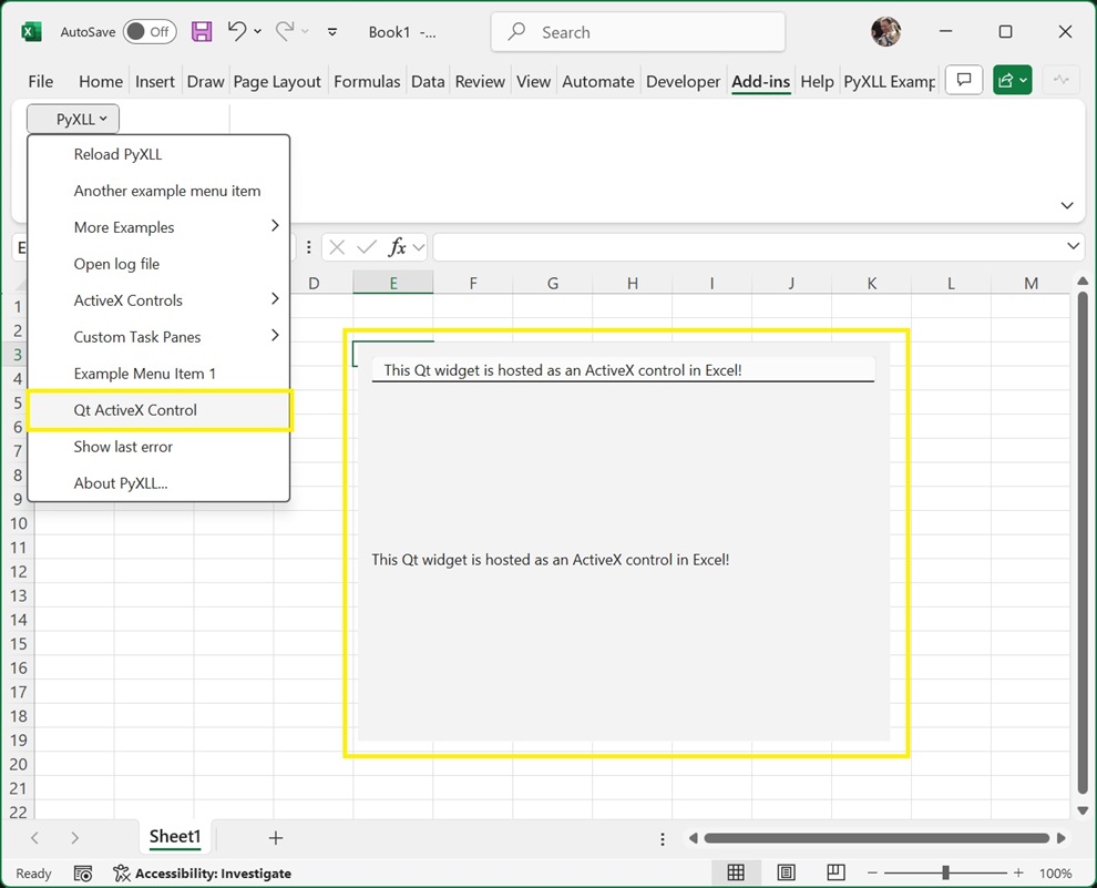 A Python Qt widget in an Excel ActiveX control