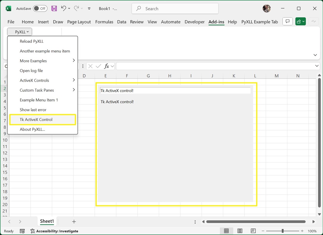 A tkinter frame in an Excel custom task pane