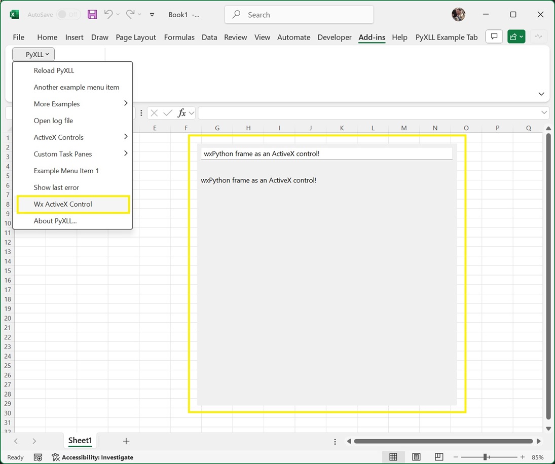 A wxPython frame in an Excel ActiveX control