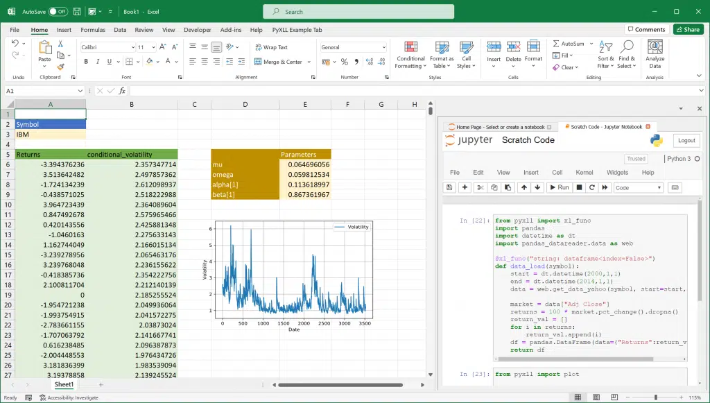 Python Garch model in Excel using PyXLL