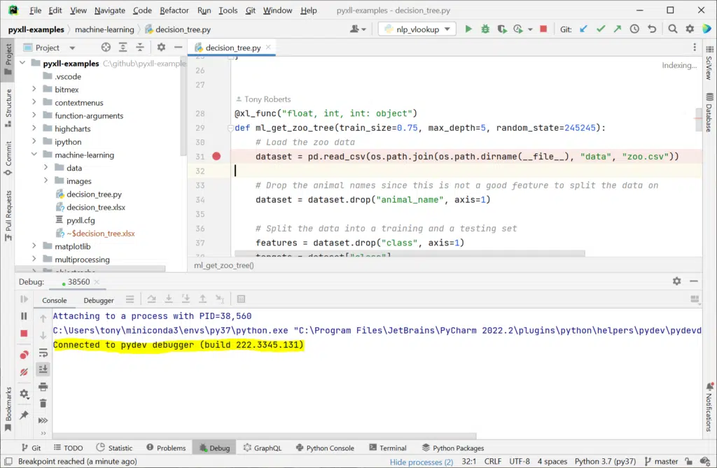 Debug Python code in Excel with PyCharm and PyXLL